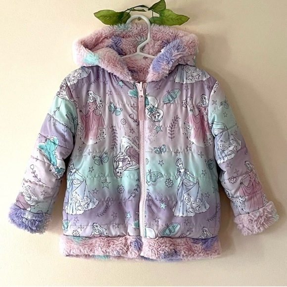 Disney Princess Toddler Girls Reversible Hooded Puffer Jacket/Coat, Size 2T - Picture 1 of 9